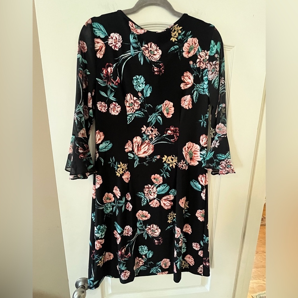 Roz & Ali Black Floral Tie-Front, Sheer Long Sleeve Dress Women’s Size Medium - Picture 6 of 15